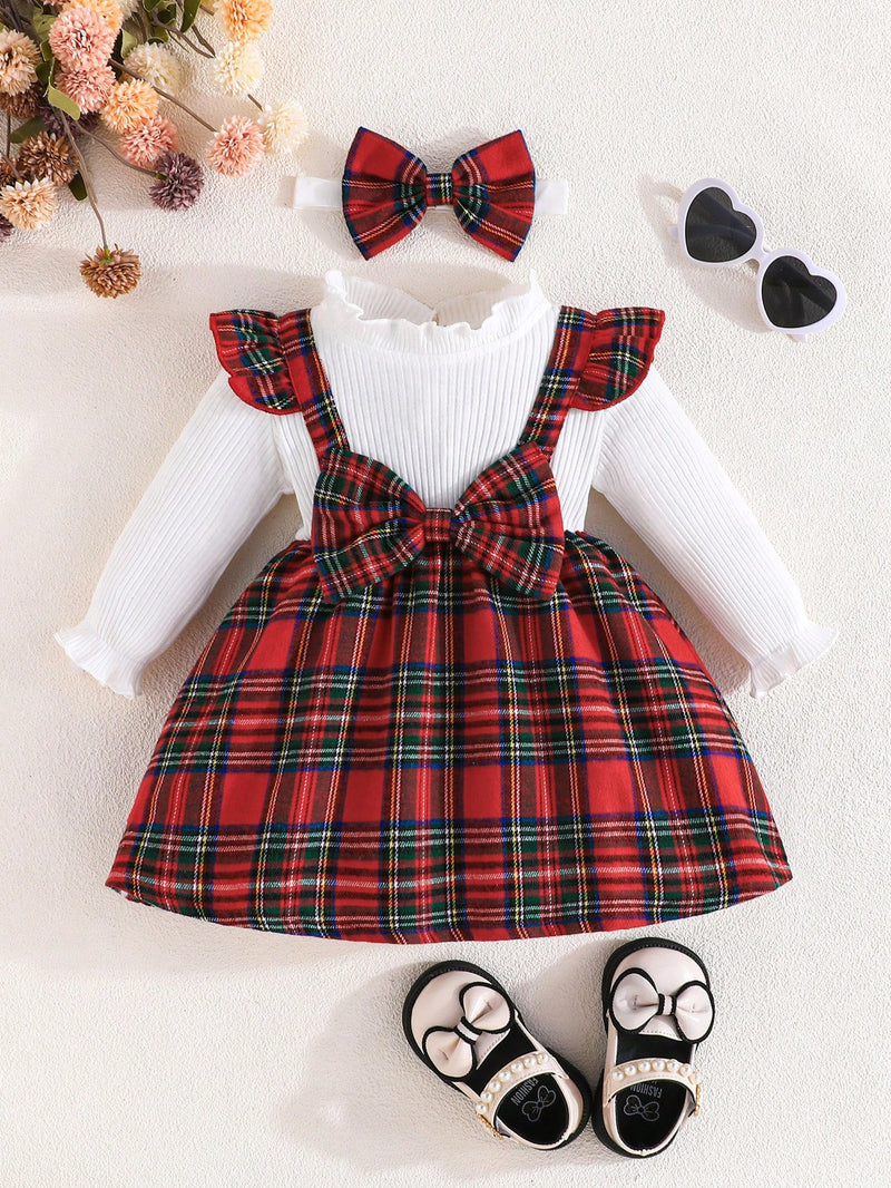 Souflis Souflis Vestido xadrez com babados, manga longa, gravata borboleta e suspensórios removíveis, com tiara, para meninas, look casual para uso externo na primavera e outono, para o Natal