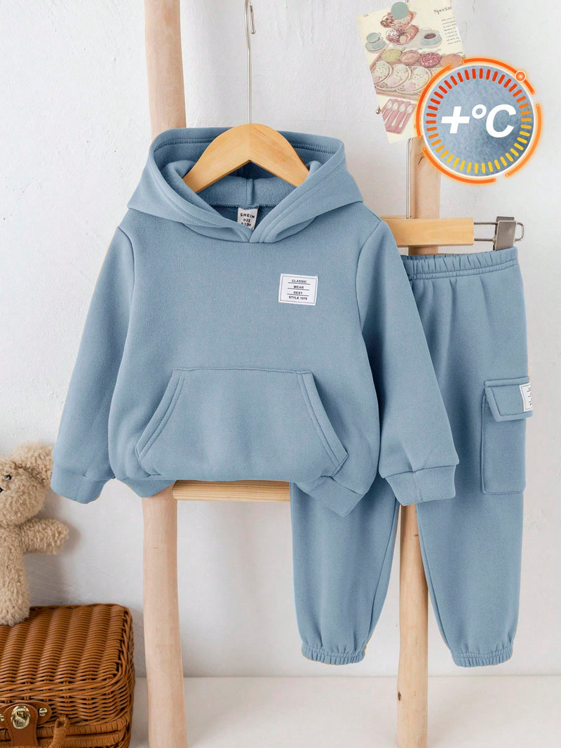 2 Peças Conjunto de Bebê Menino, Moletom com Capuz e Estampa de Letra Casual e Calça Longa de Cintura Elástica, Adequado para Outono/Inverno