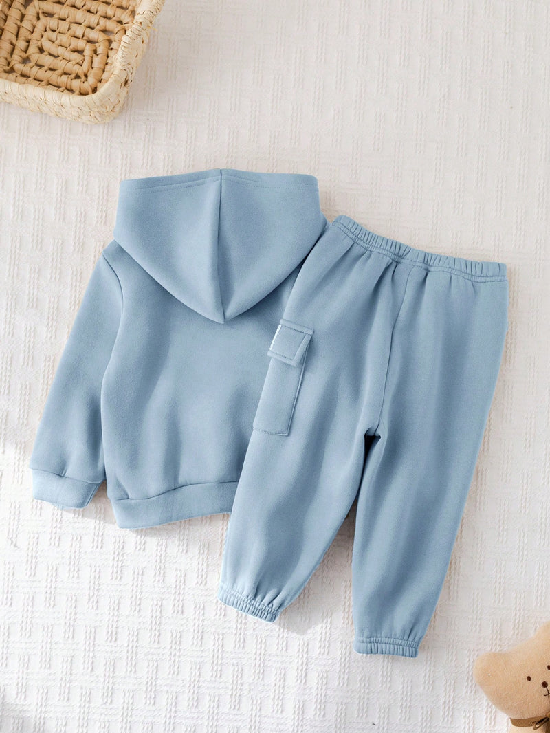 2 Peças Conjunto de Bebê Menino, Moletom com Capuz e Estampa de Letra Casual e Calça Longa de Cintura Elástica, Adequado para Outono/Inverno