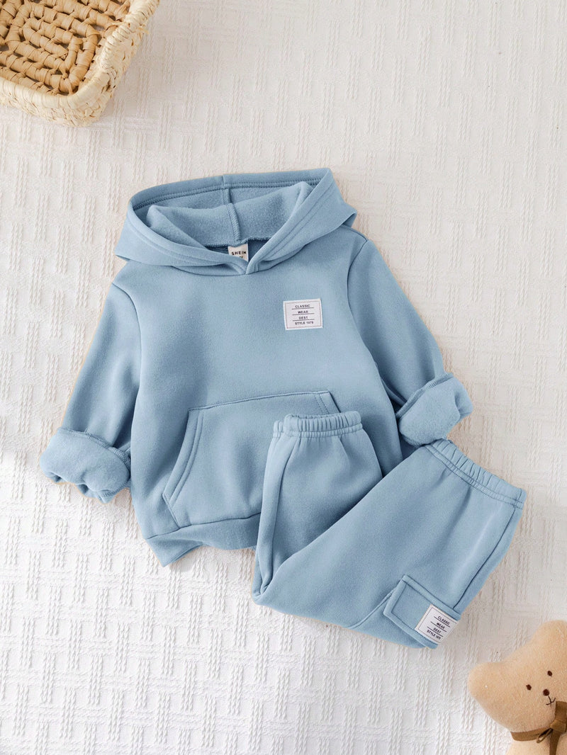 2 Peças Conjunto de Bebê Menino, Moletom com Capuz e Estampa de Letra Casual e Calça Longa de Cintura Elástica, Adequado para Outono/Inverno