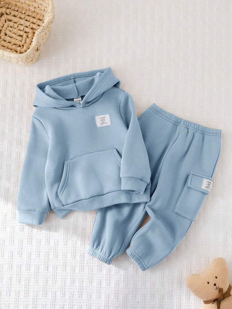 2 Peças Conjunto de Bebê Menino, Moletom com Capuz e Estampa de Letra Casual e Calça Longa de Cintura Elástica, Adequado para Outono/Inverno
