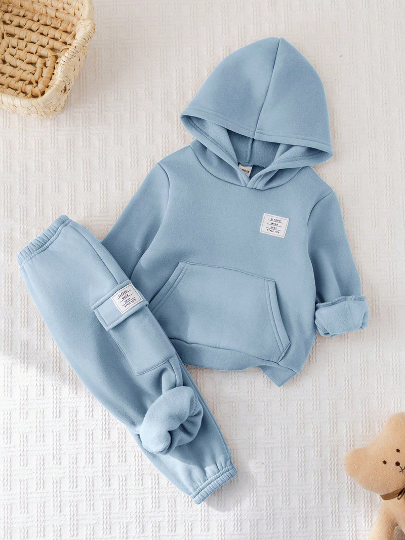 2 Peças Conjunto de Bebê Menino, Moletom com Capuz e Estampa de Letra Casual e Calça Longa de Cintura Elástica, Adequado para Outono/Inverno