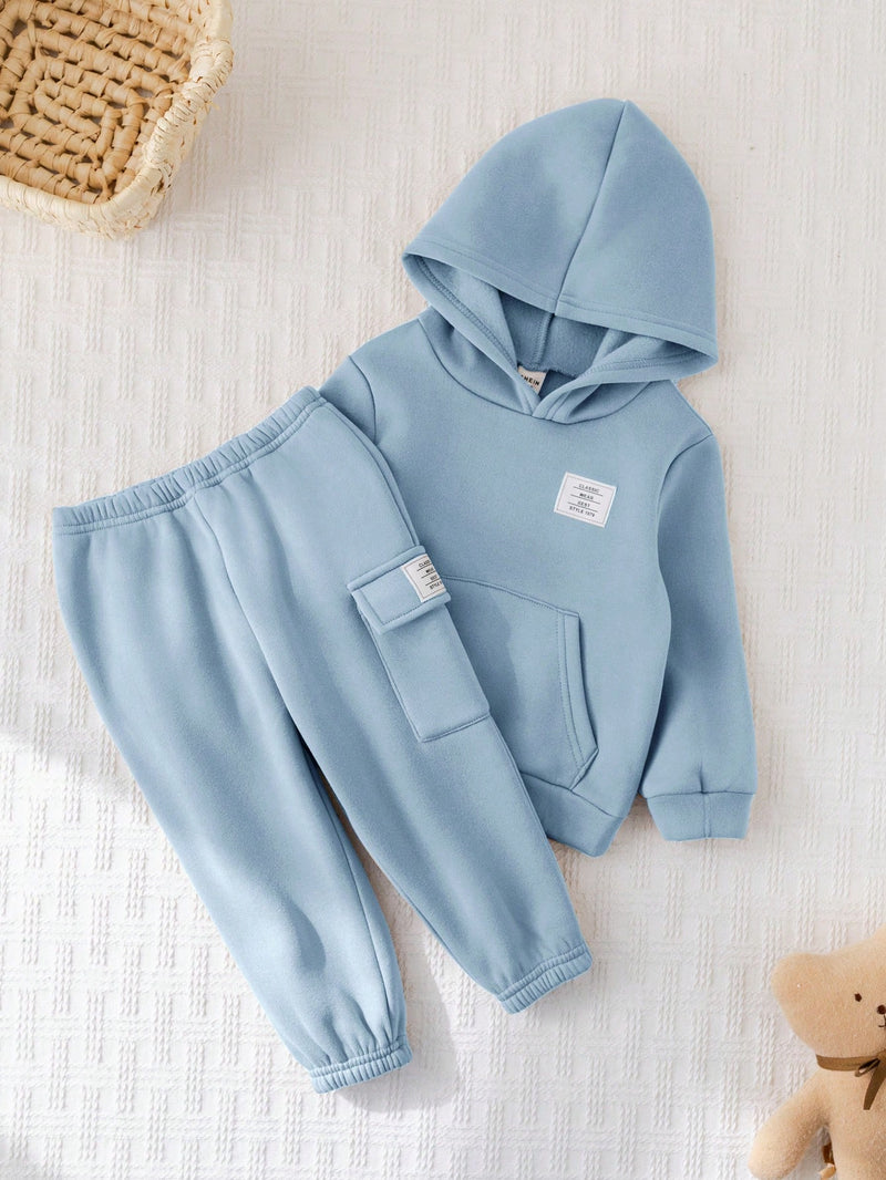 2 Peças Conjunto de Bebê Menino, Moletom com Capuz e Estampa de Letra Casual e Calça Longa de Cintura Elástica, Adequado para Outono/Inverno