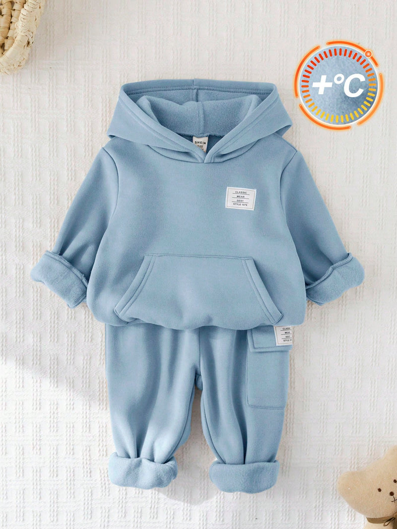 2 Peças Conjunto de Bebê Menino, Moletom com Capuz e Estampa de Letra Casual e Calça Longa de Cintura Elástica, Adequado para Outono/Inverno