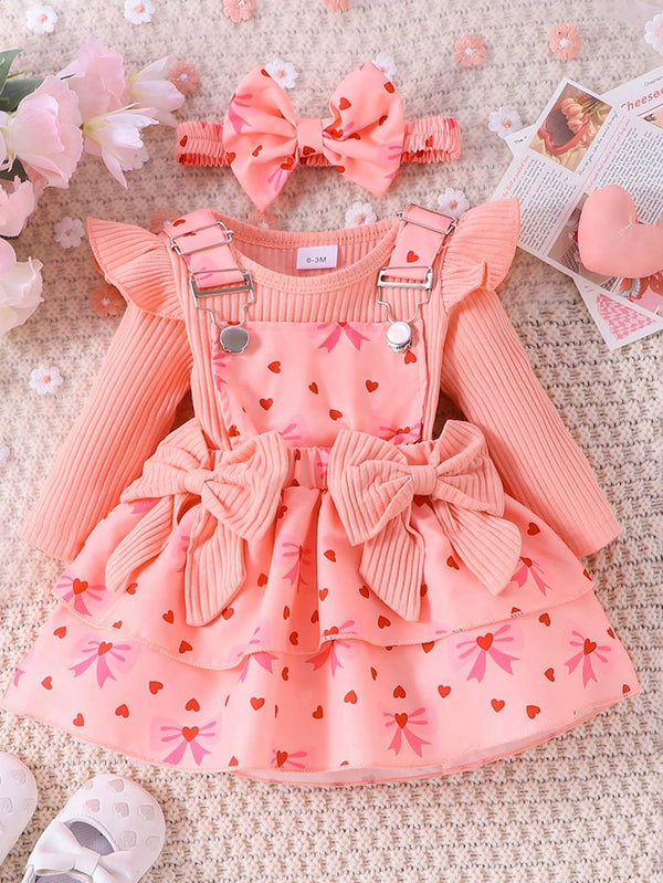 2 Peças Conjunto de Macacão + Vestido de Alça Elegante e Fofo de Manga Longa para Bebê/Menina, Leve para Primavera/Outono