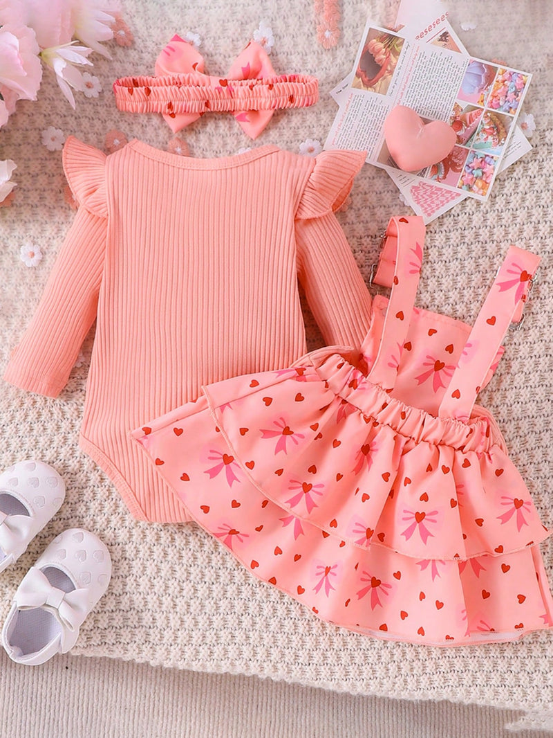 2 Peças Conjunto de Macacão + Vestido de Alça Elegante e Fofo de Manga Longa para Bebê/Menina, Leve para Primavera/Outono