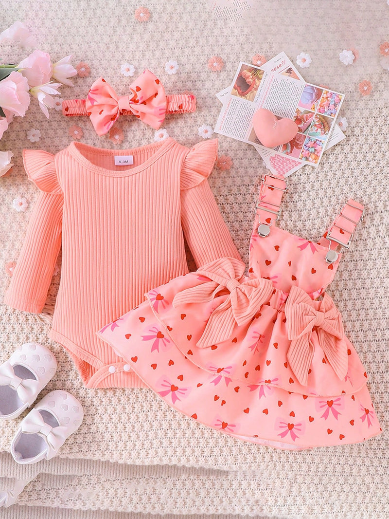 2 Peças Conjunto de Macacão + Vestido de Alça Elegante e Fofo de Manga Longa para Bebê/Menina, Leve para Primavera/Outono