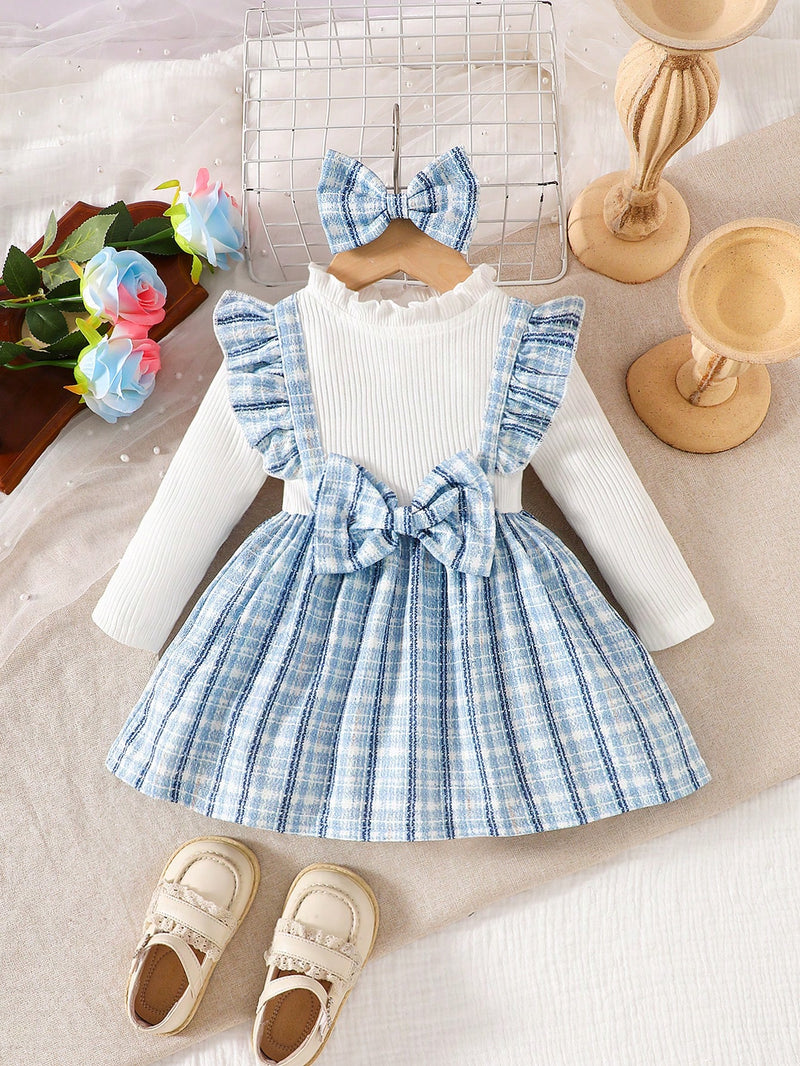 Souflis Souflis Vestido de Manga Longa Branco de Primavera para Bebê Menina, Estampado com Retalhos e Xadrez Azul, com Tiara, Casual e na Moda, Adequado para Brincadeiras ao Ar Livre