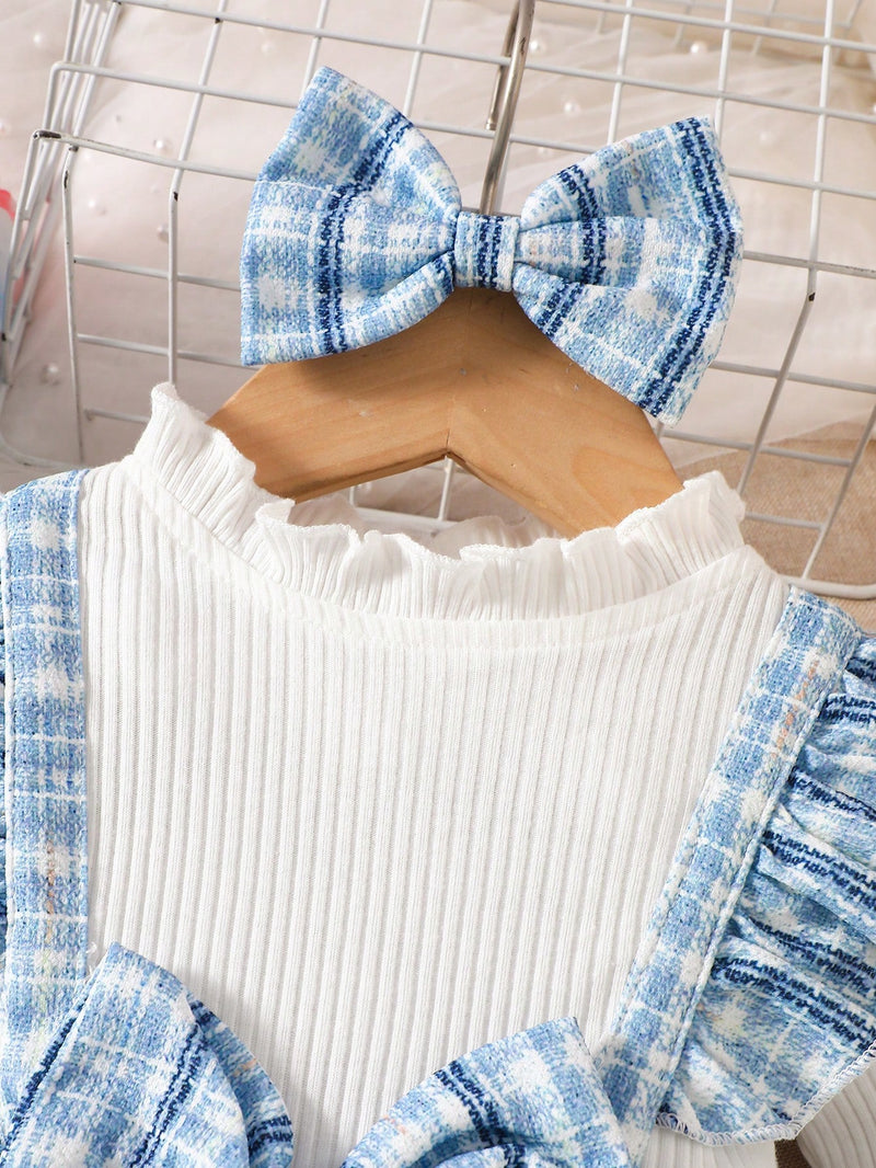 Souflis Souflis Vestido de Manga Longa Branco de Primavera para Bebê Menina, Estampado com Retalhos e Xadrez Azul, com Tiara, Casual e na Moda, Adequado para Brincadeiras ao Ar Livre