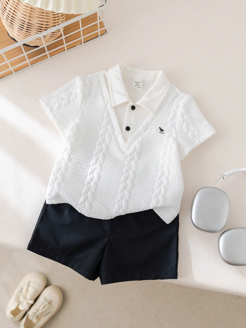 Conjunto de 2 peças Top Polo Fofa e Shorts de Cintura Elástica para Bebê Menino, Primavera/Verão, Adequado para Festa de Aniversário, Evento da Noite, Apresentação, Casamento, Chá de Bebê, Batizado, Comemoração do Primeiro Aniversário