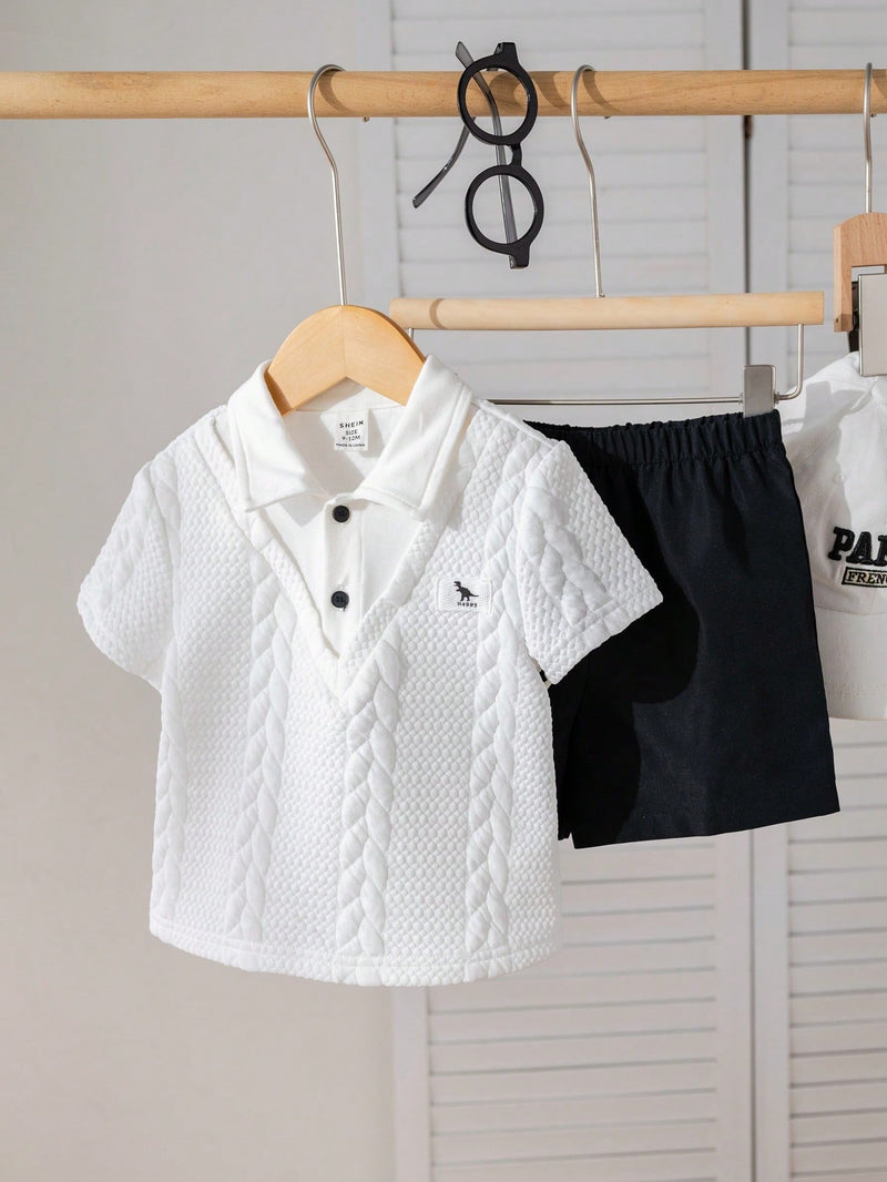 Conjunto de 2 peças Top Polo Fofa e Shorts de Cintura Elástica para Bebê Menino, Primavera/Verão, Adequado para Festa de Aniversário, Evento da Noite, Apresentação, Casamento, Chá de Bebê, Batizado, Comemoração do Primeiro Aniversário