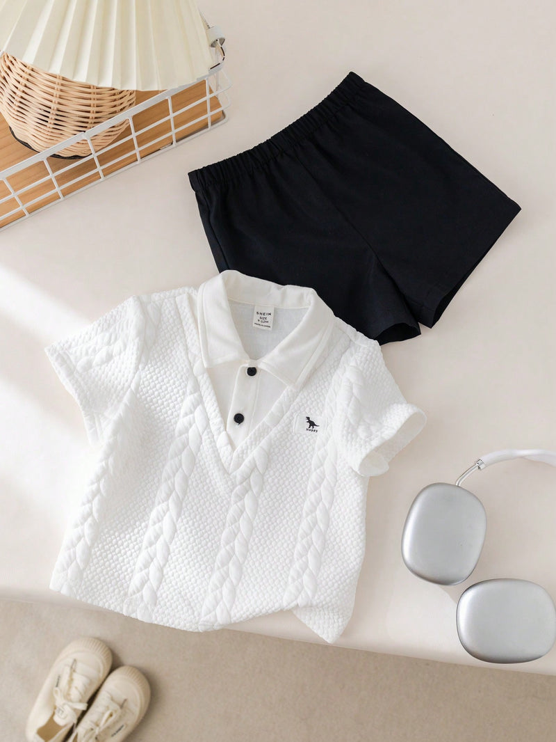 Conjunto de 2 peças Top Polo Fofa e Shorts de Cintura Elástica para Bebê Menino, Primavera/Verão, Adequado para Festa de Aniversário, Evento da Noite, Apresentação, Casamento, Chá de Bebê, Batizado, Comemoração do Primeiro Aniversário