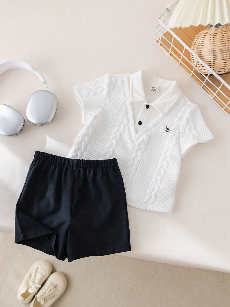 Conjunto de 2 peças Top Polo Fofa e Shorts de Cintura Elástica para Bebê Menino, Primavera/Verão, Adequado para Festa de Aniversário, Evento da Noite, Apresentação, Casamento, Chá de Bebê, Batizado, Comemoração do Primeiro Aniversário