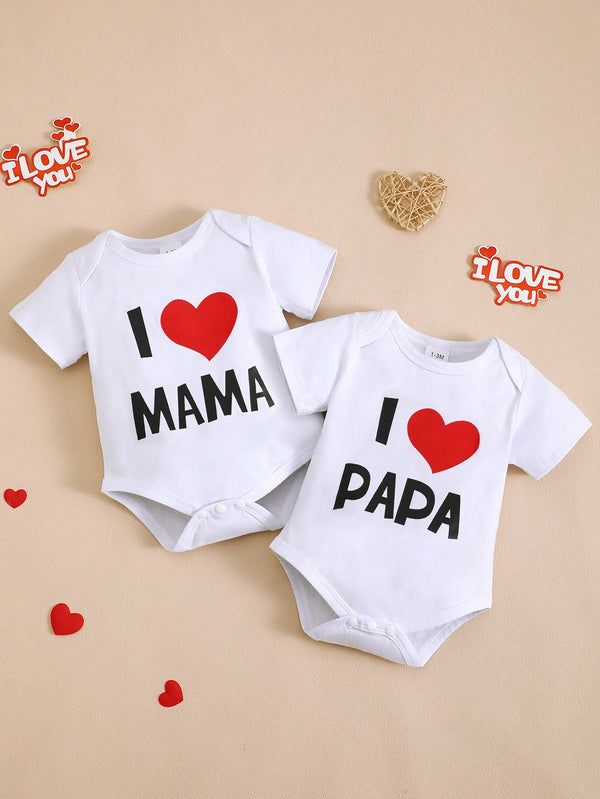 BrownBark 2 peças/Conjunto Macacão de Manga Curta com Estampa Gráfica "Eu Amo Papai e Mamãe" para Bebê/Criança, Terno de Engatinhar de Bebê Fofo e Simples, Dia das Mães/Dia dos Pais