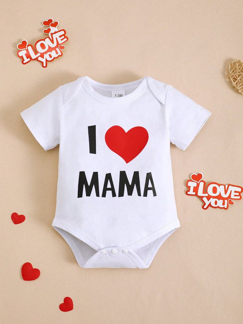 BrownBark 2 peças/Conjunto Macacão de Manga Curta com Estampa Gráfica "Eu Amo Papai e Mamãe" para Bebê/Criança, Terno de Engatinhar de Bebê Fofo e Simples, Dia das Mães/Dia dos Pais