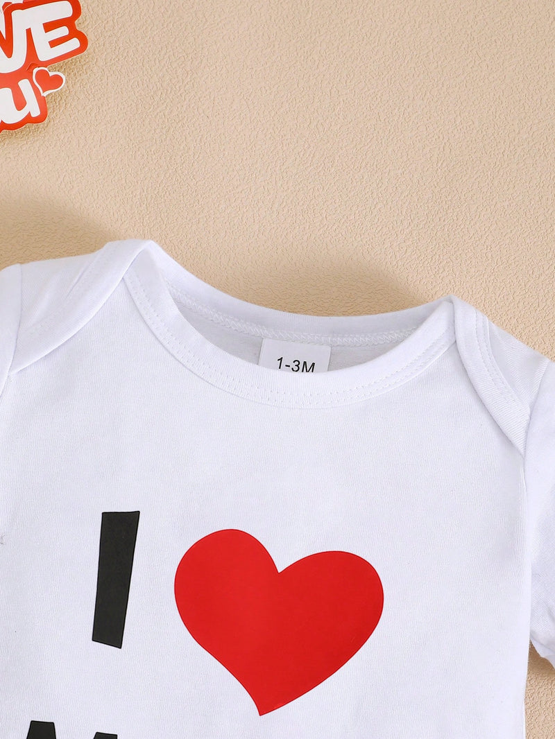 BrownBark 2 peças/Conjunto Macacão de Manga Curta com Estampa Gráfica "Eu Amo Papai e Mamãe" para Bebê/Criança, Terno de Engatinhar de Bebê Fofo e Simples, Dia das Mães/Dia dos Pais