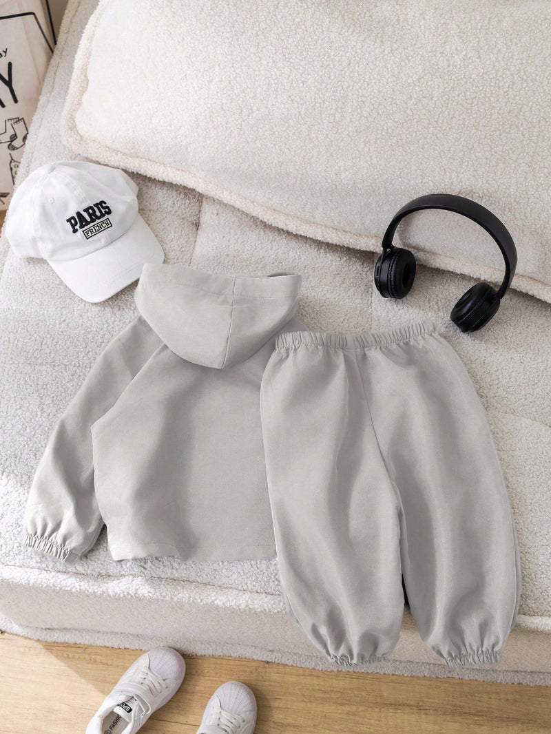 2 Peças Conjunto de Roupa de Outono Verde para Bebê Menino - Moletom com Capuz com Costura Decorativa e Calça com Cintura Elástica, Conjunto Esportivo Casual Combinável Adequado para Uso Externo e Doméstico
