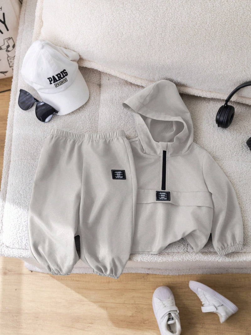 2 Peças Conjunto de Roupa de Outono Verde para Bebê Menino - Moletom com Capuz com Costura Decorativa e Calça com Cintura Elástica, Conjunto Esportivo Casual Combinável Adequado para Uso Externo e Doméstico