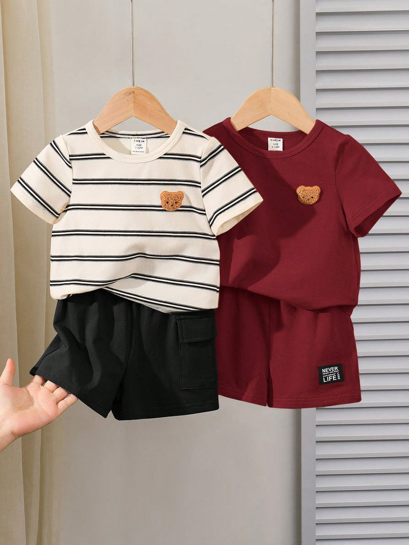 4 peças/conjunto de Verão Estilo Coreano Casual Fofo, Padrão de Desenho Animado Listrado Camiseta Manga Curta, Shorts de Elástico com Bolsos para Meninos e Meninas Bebês