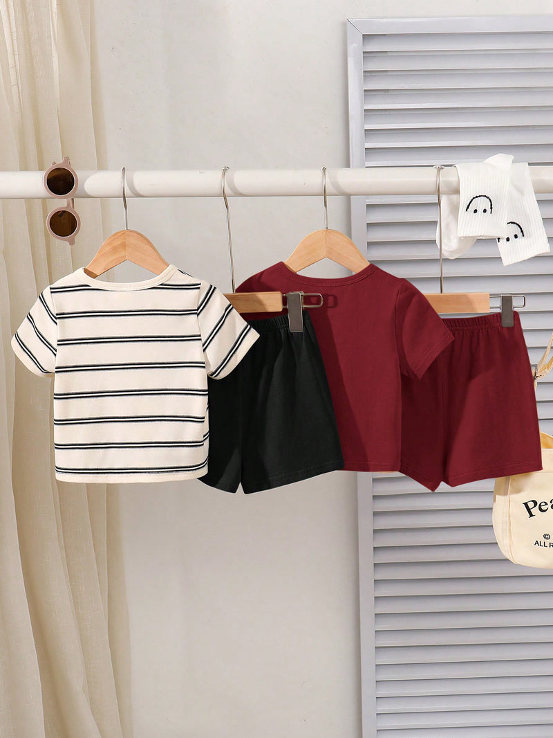 4 peças/conjunto de Verão Estilo Coreano Casual Fofo, Padrão de Desenho Animado Listrado Camiseta Manga Curta, Shorts de Elástico com Bolsos para Meninos e Meninas Bebês