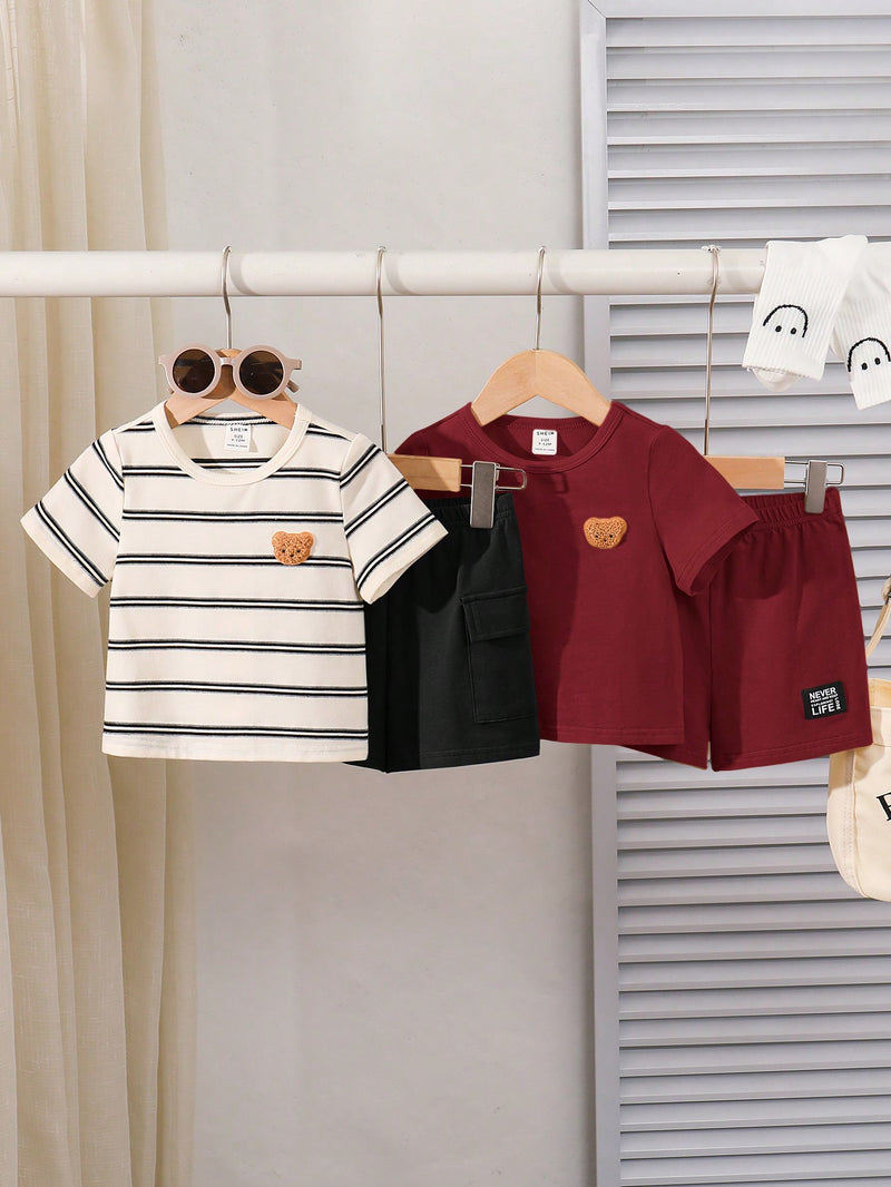 4 peças/conjunto de Verão Estilo Coreano Casual Fofo, Padrão de Desenho Animado Listrado Camiseta Manga Curta, Shorts de Elástico com Bolsos para Meninos e Meninas Bebês