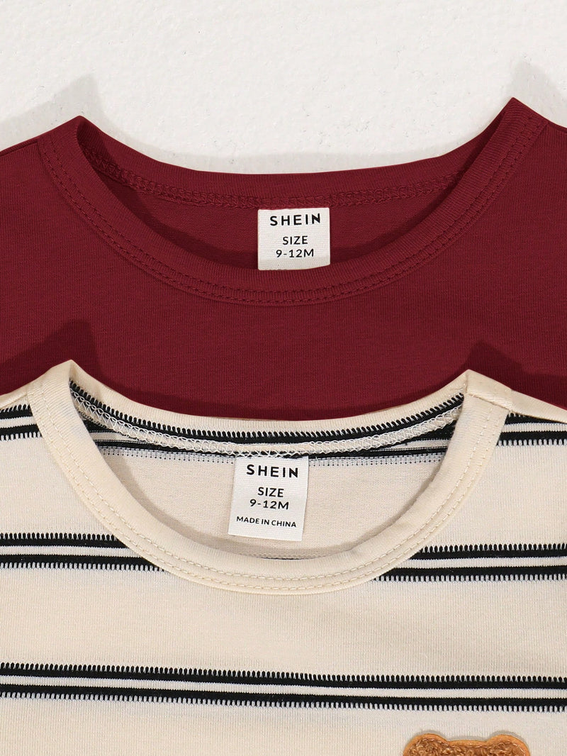 4 peças/conjunto de Verão Estilo Coreano Casual Fofo, Padrão de Desenho Animado Listrado Camiseta Manga Curta, Shorts de Elástico com Bolsos para Meninos e Meninas Bebês