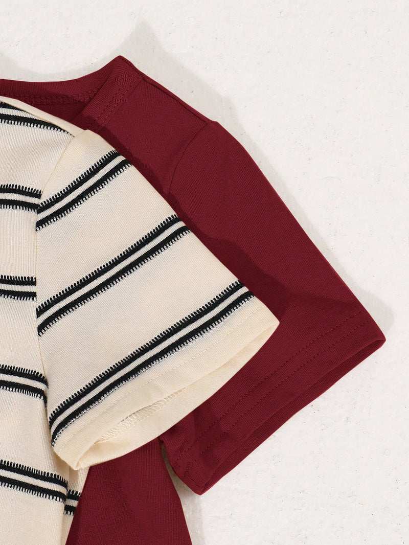 4 peças/conjunto de Verão Estilo Coreano Casual Fofo, Padrão de Desenho Animado Listrado Camiseta Manga Curta, Shorts de Elástico com Bolsos para Meninos e Meninas Bebês