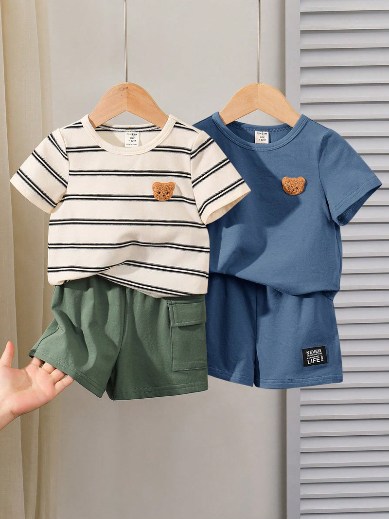 4 peças/conjunto de Verão Estilo Coreano Casual Fofo, Padrão de Desenho Animado Listrado Camiseta Manga Curta, Shorts de Elástico com Bolsos para Meninos e Meninas Bebês