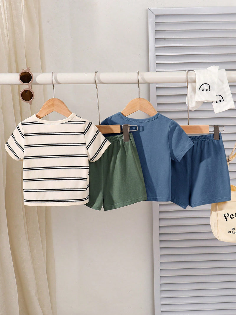 4 peças/conjunto de Verão Estilo Coreano Casual Fofo, Padrão de Desenho Animado Listrado Camiseta Manga Curta, Shorts de Elástico com Bolsos para Meninos e Meninas Bebês