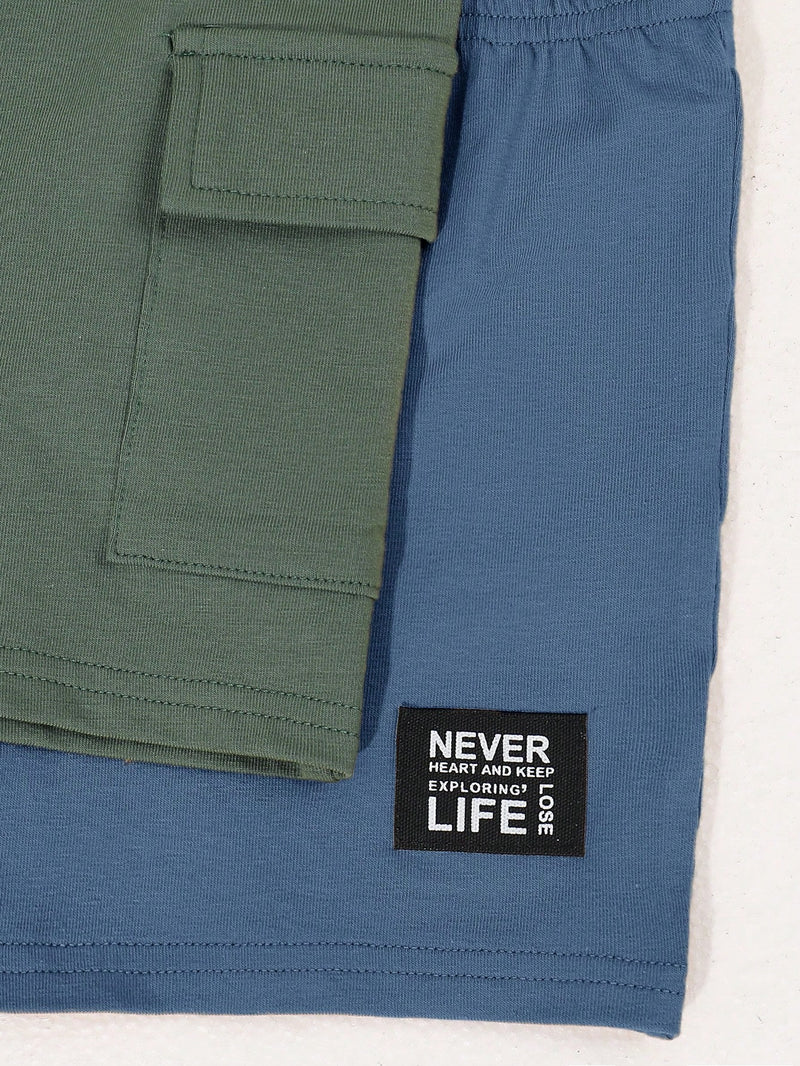 4 peças/conjunto de Verão Estilo Coreano Casual Fofo, Padrão de Desenho Animado Listrado Camiseta Manga Curta, Shorts de Elástico com Bolsos para Meninos e Meninas Bebês