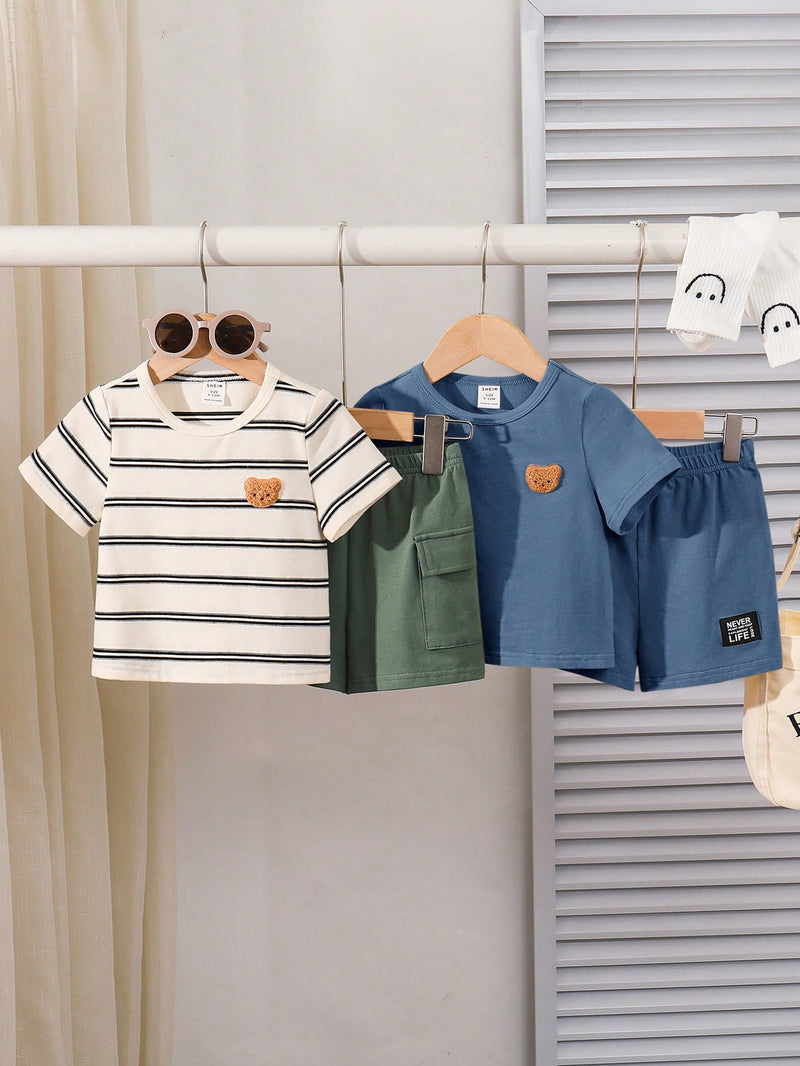 4 peças/conjunto de Verão Estilo Coreano Casual Fofo, Padrão de Desenho Animado Listrado Camiseta Manga Curta, Shorts de Elástico com Bolsos para Meninos e Meninas Bebês