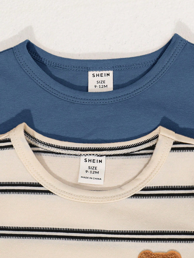 4 peças/conjunto de Verão Estilo Coreano Casual Fofo, Padrão de Desenho Animado Listrado Camiseta Manga Curta, Shorts de Elástico com Bolsos para Meninos e Meninas Bebês