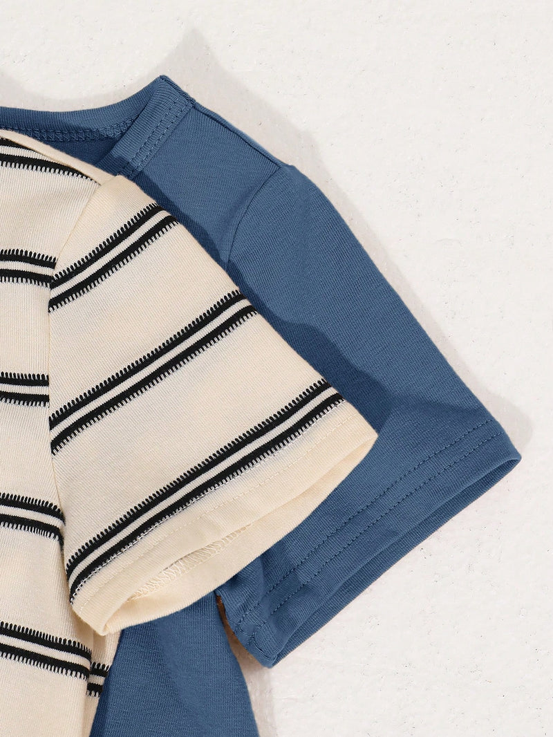 4 peças/conjunto de Verão Estilo Coreano Casual Fofo, Padrão de Desenho Animado Listrado Camiseta Manga Curta, Shorts de Elástico com Bolsos para Meninos e Meninas Bebês