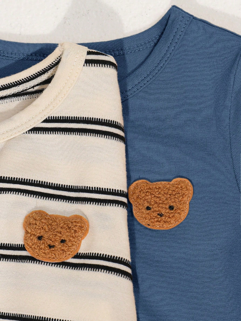 4 peças/conjunto de Verão Estilo Coreano Casual Fofo, Padrão de Desenho Animado Listrado Camiseta Manga Curta, Shorts de Elástico com Bolsos para Meninos e Meninas Bebês