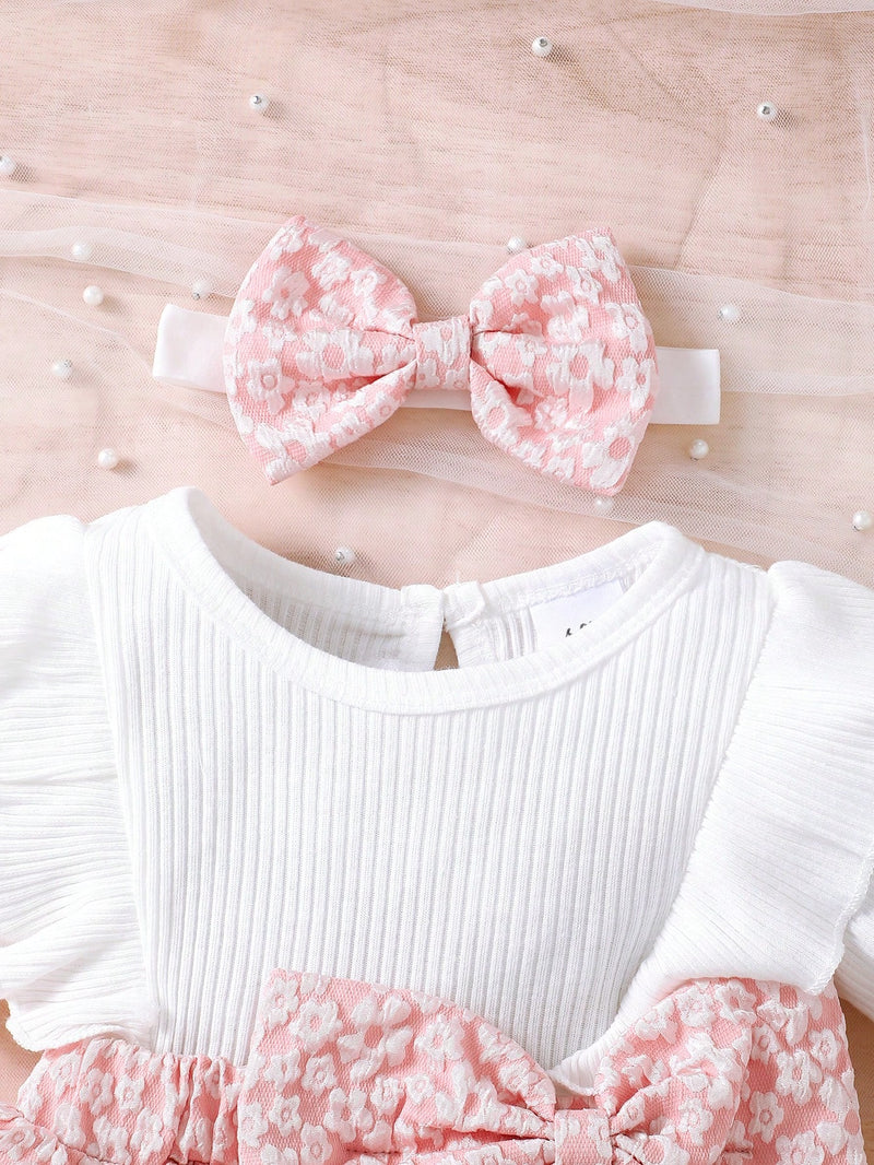 2 Peças Conjunto Vestido Floral Estampa Miúda e Lenço de Cabeça Simples Casual Diário para Bebê Menina