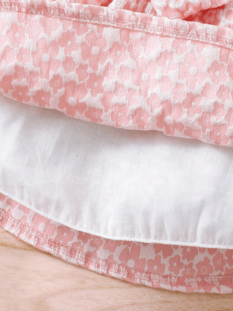 2 Peças Conjunto Vestido Floral Estampa Miúda e Lenço de Cabeça Simples Casual Diário para Bebê Menina