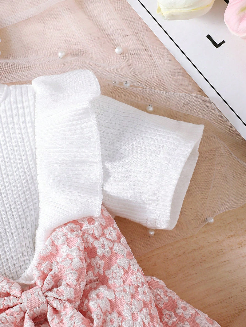 2 Peças Conjunto Vestido Floral Estampa Miúda e Lenço de Cabeça Simples Casual Diário para Bebê Menina