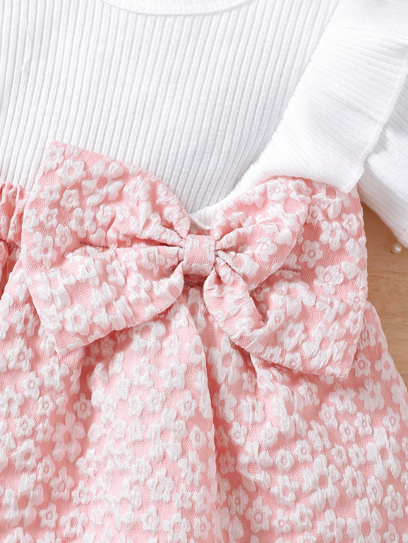 2 Peças Conjunto Vestido Floral Estampa Miúda e Lenço de Cabeça Simples Casual Diário para Bebê Menina