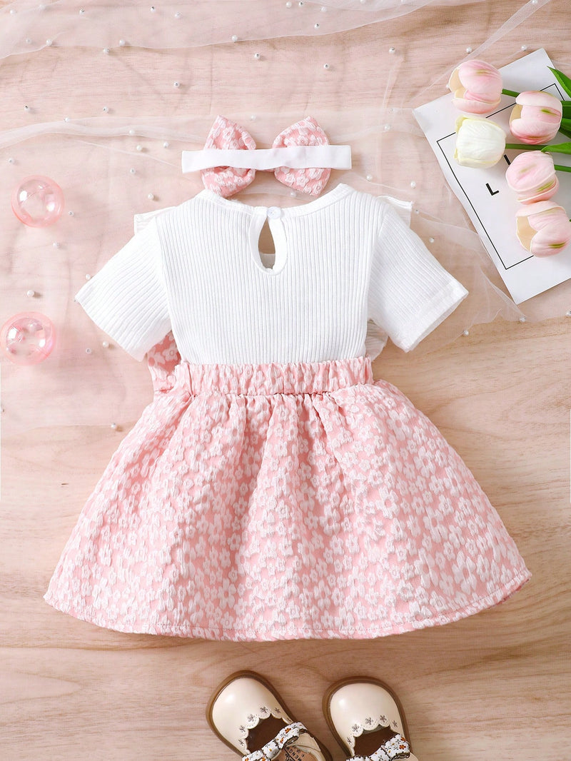 2 Peças Conjunto Vestido Floral Estampa Miúda e Lenço de Cabeça Simples Casual Diário para Bebê Menina