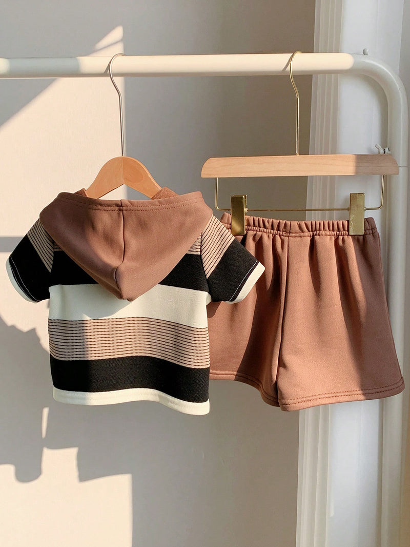 2 peças/Conjunto Bebê Menino Fofo Urso Cartoon Top de Manga Curta com Capuz Listrada e Shorts Roupa Casual de Verão