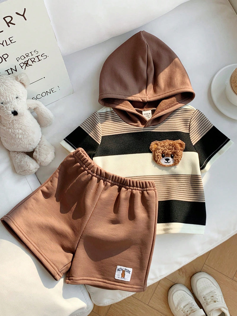 2 peças/Conjunto Bebê Menino Fofo Urso Cartoon Top de Manga Curta com Capuz Listrada e Shorts Roupa Casual de Verão