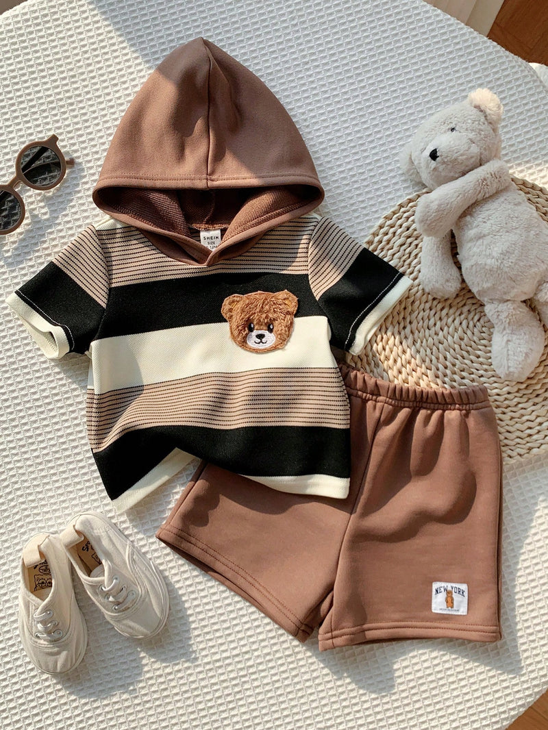 2 peças/Conjunto Bebê Menino Fofo Urso Cartoon Top de Manga Curta com Capuz Listrada e Shorts Roupa Casual de Verão