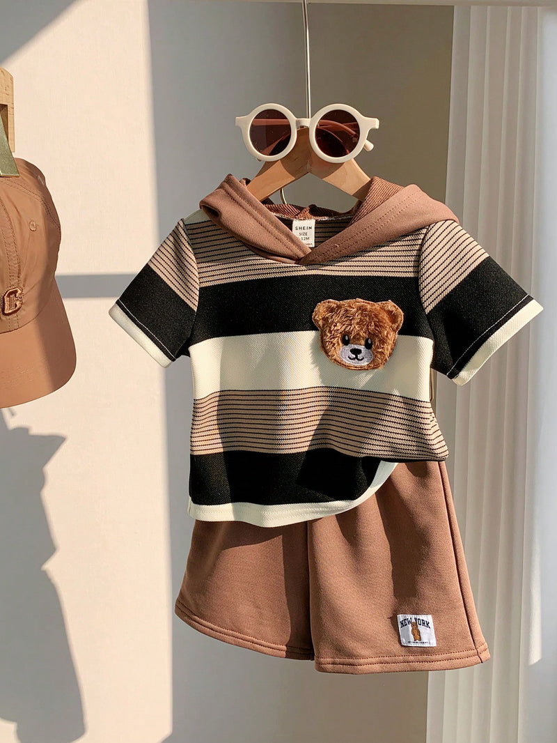 2 peças/Conjunto Bebê Menino Fofo Urso Cartoon Top de Manga Curta com Capuz Listrada e Shorts Roupa Casual de Verão