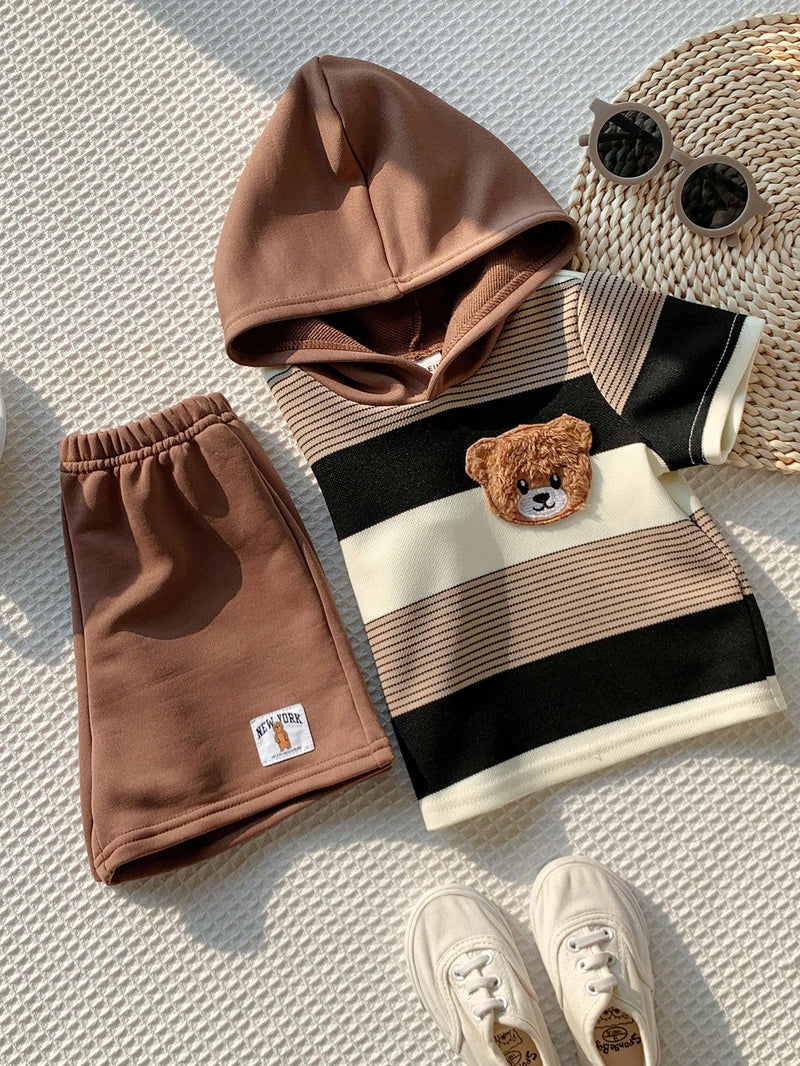 2 peças/Conjunto Bebê Menino Fofo Urso Cartoon Top de Manga Curta com Capuz Listrada e Shorts Roupa Casual de Verão