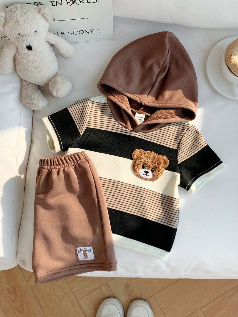 2 peças/Conjunto Bebê Menino Fofo Urso Cartoon Top de Manga Curta com Capuz Listrada e Shorts Roupa Casual de Verão