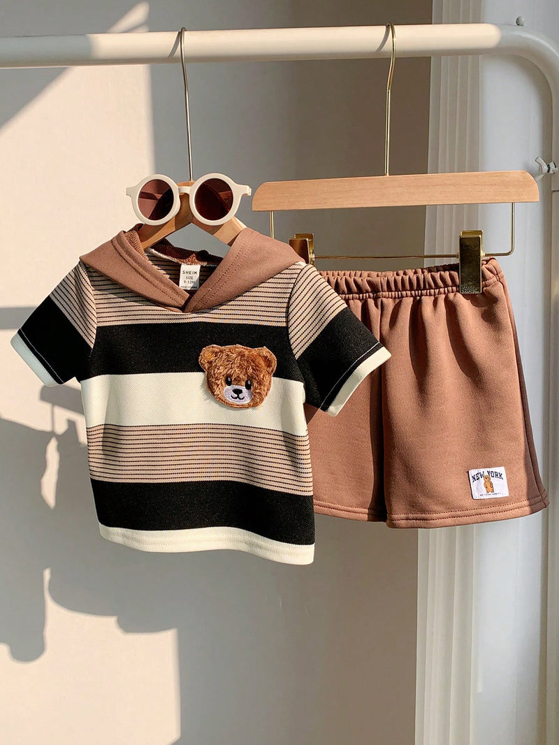 2 peças/Conjunto Bebê Menino Fofo Urso Cartoon Top de Manga Curta com Capuz Listrada e Shorts Roupa Casual de Verão