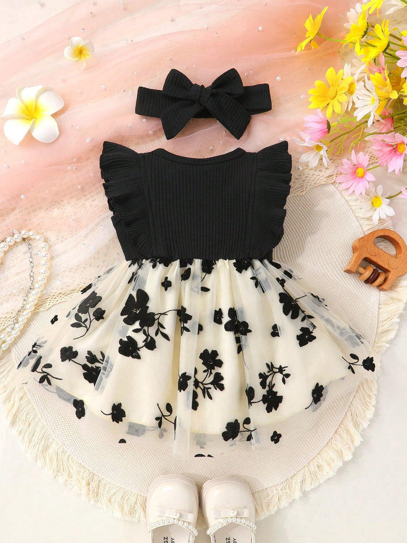 2 Peças/Conjunto Vestido de Princesa de Tule Bordado com Babado, Decoração de Laço, Macio e Confortável, Para Menina Bebê, com Conjunto de Tiara