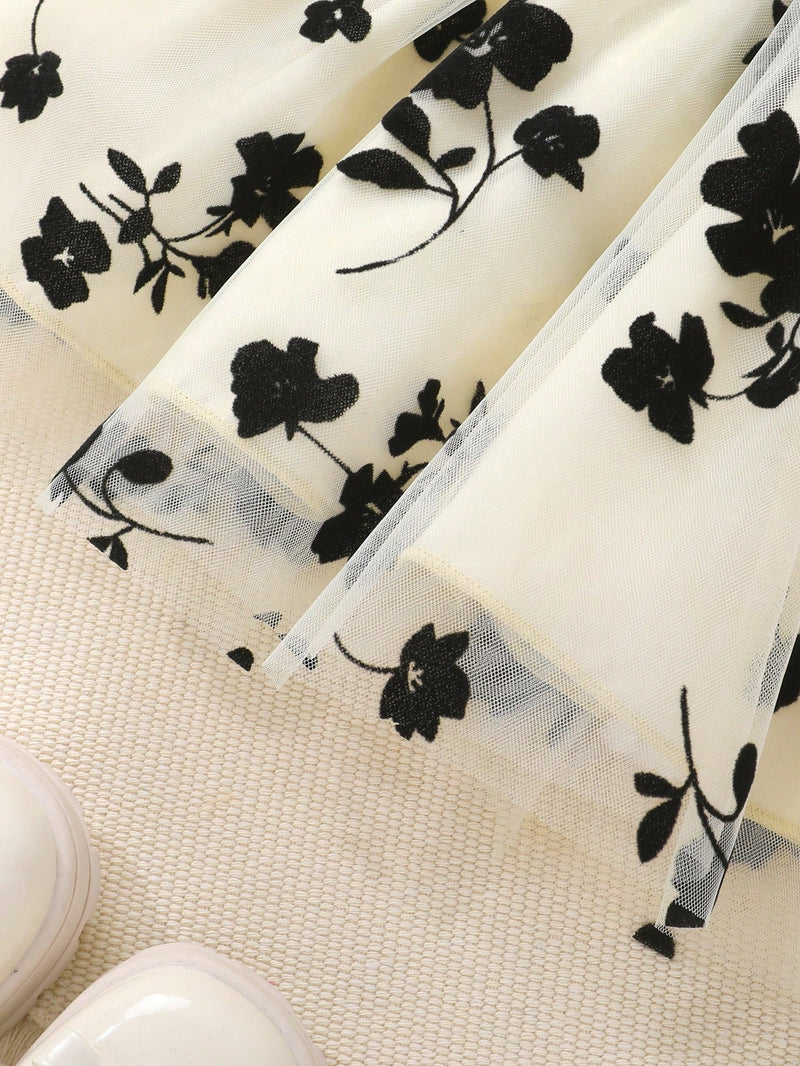 2 Peças/Conjunto Vestido de Princesa de Tule Bordado com Babado, Decoração de Laço, Macio e Confortável, Para Menina Bebê, com Conjunto de Tiara