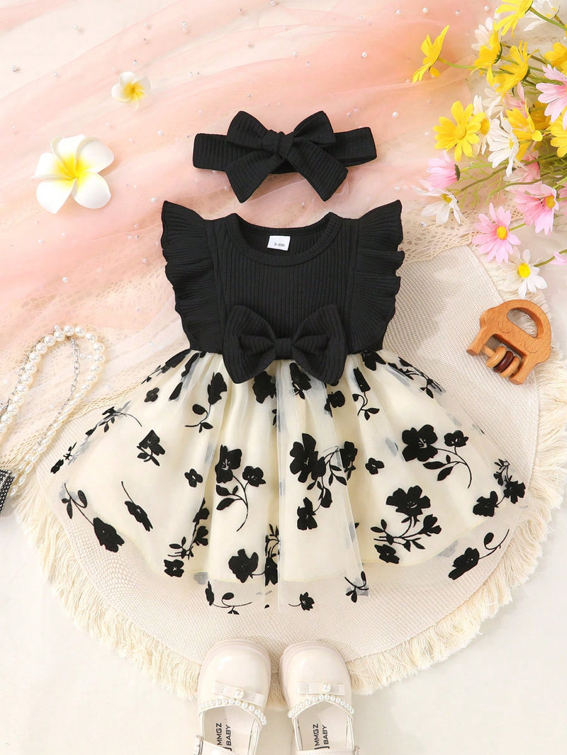 2 Peças/Conjunto Vestido de Princesa de Tule Bordado com Babado, Decoração de Laço, Macio e Confortável, Para Menina Bebê, com Conjunto de Tiara