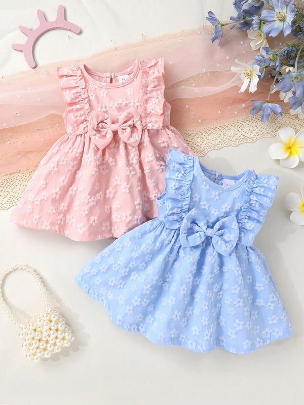 2 peças/Conjunto Vestido de Princesa Sólido com Babado na Barra, Decoração em Laço e Jacquard de Flores, Macio e Confortável, para Meninas Bebê